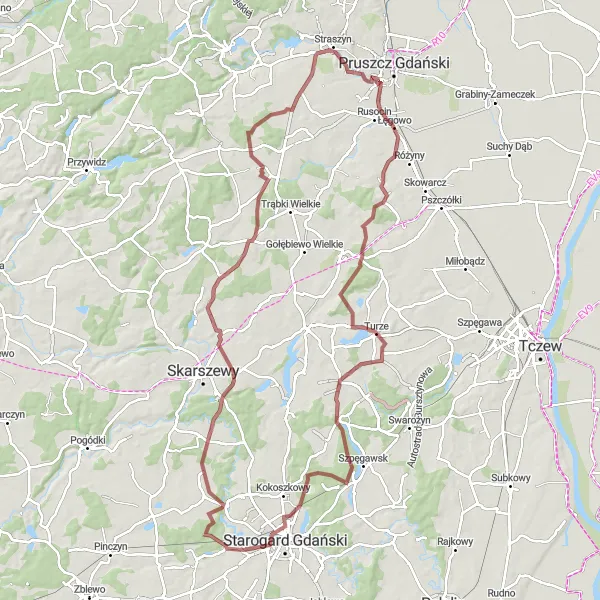 Map miniature of "Rural Gravel Tour" cycling inspiration in Pomorskie, Poland. Generated by Tarmacs.app cycling route planner