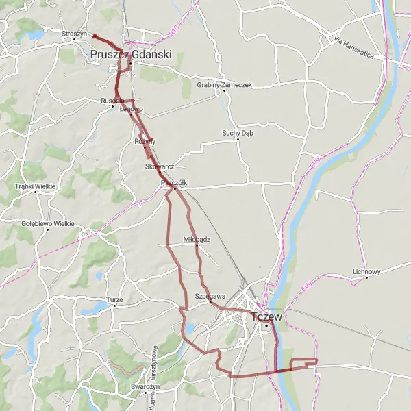 Miniatura mapy "Trasa szutrowa Różyny - Pruszcz Gdański" - trasy rowerowej w Pomorskie, Poland. Wygenerowane przez planer tras rowerowych Tarmacs.app