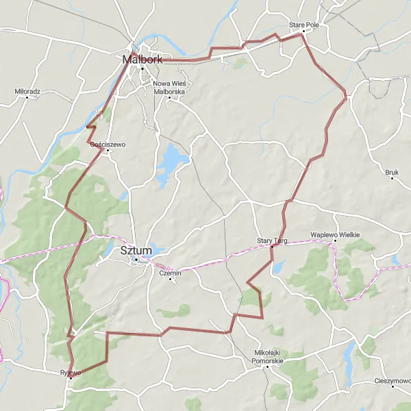 Map miniature of "Exploring the Żuławka Sztumska" cycling inspiration in Pomorskie, Poland. Generated by Tarmacs.app cycling route planner