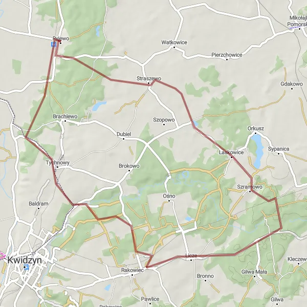 Map miniature of "Countryside Escape: Tychnowy" cycling inspiration in Pomorskie, Poland. Generated by Tarmacs.app cycling route planner