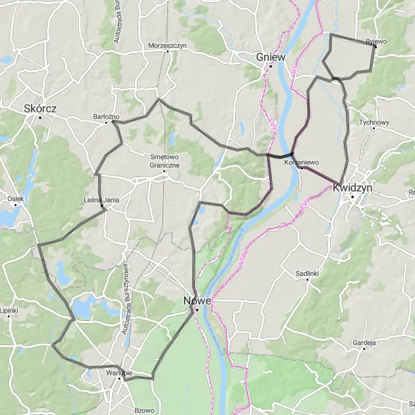 Map miniature of "Road Cycling from Ryjewo to Jałowiec and Płochocin" cycling inspiration in Pomorskie, Poland. Generated by Tarmacs.app cycling route planner