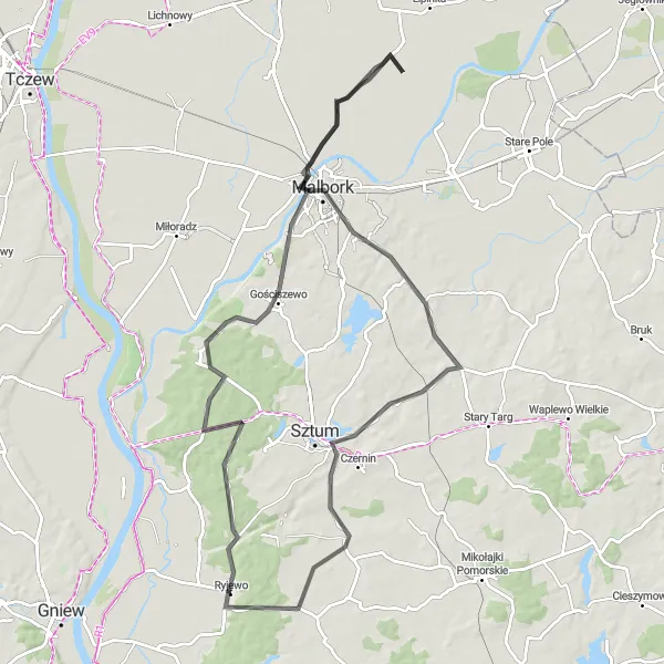 Map miniature of "Malbork Castle Loop" cycling inspiration in Pomorskie, Poland. Generated by Tarmacs.app cycling route planner