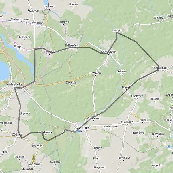 Map miniature of "On the Hills of Rzeczenica" cycling inspiration in Pomorskie, Poland. Generated by Tarmacs.app cycling route planner