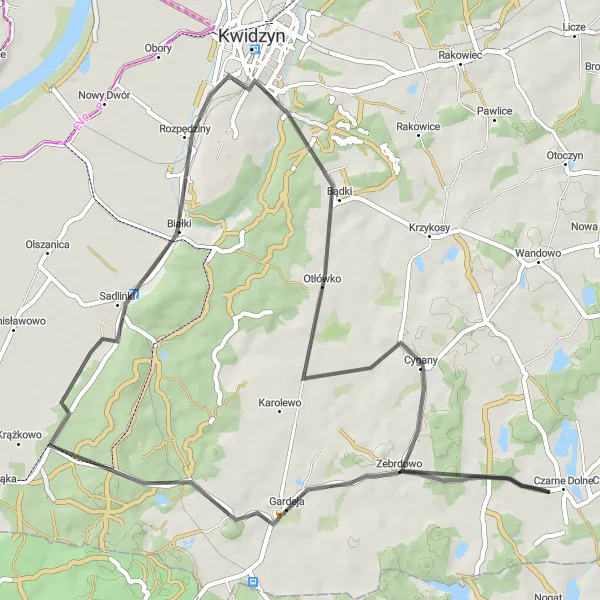 Map miniature of "Otłowiec Discovery" cycling inspiration in Pomorskie, Poland. Generated by Tarmacs.app cycling route planner