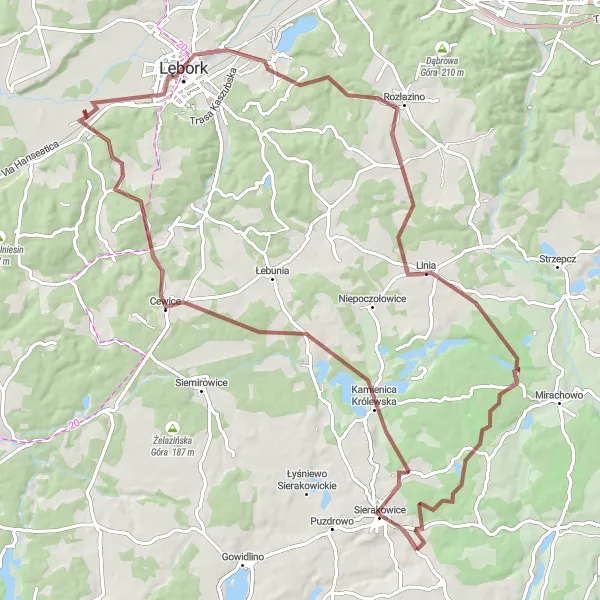 Map miniature of "Discovering Kashubian Landscapes: Cewice to Lębork" cycling inspiration in Pomorskie, Poland. Generated by Tarmacs.app cycling route planner