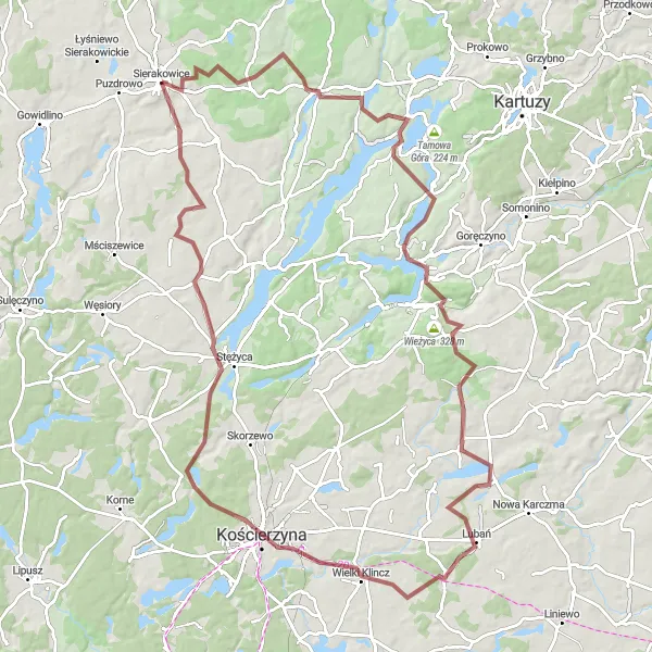 Map miniature of "Exploring the Wilderness: Sierakowice to Kościerzyna" cycling inspiration in Pomorskie, Poland. Generated by Tarmacs.app cycling route planner