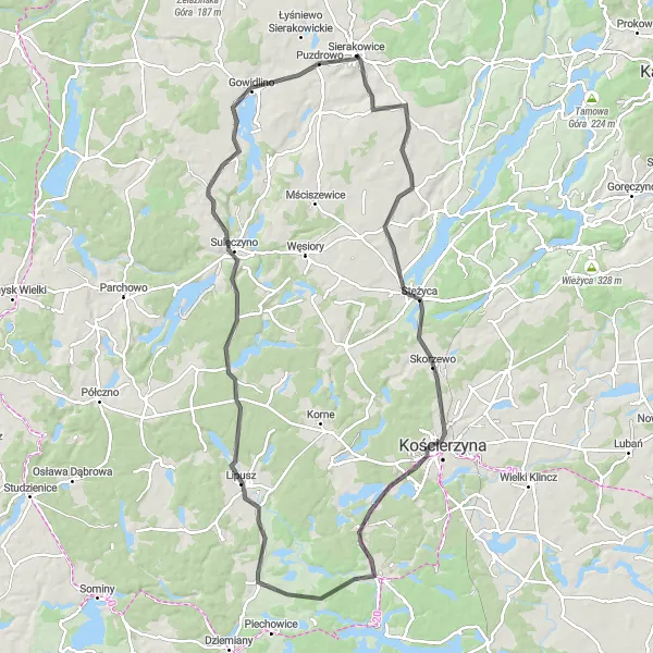 Map miniature of "Kościerzyna Adventure" cycling inspiration in Pomorskie, Poland. Generated by Tarmacs.app cycling route planner