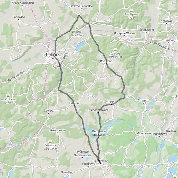 Map miniature of "Łebunia and Łębork Loop" cycling inspiration in Pomorskie, Poland. Generated by Tarmacs.app cycling route planner
