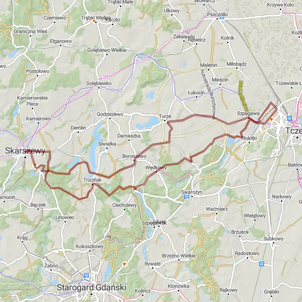 Map miniature of "Trzcińsk Gravel Adventure" cycling inspiration in Pomorskie, Poland. Generated by Tarmacs.app cycling route planner