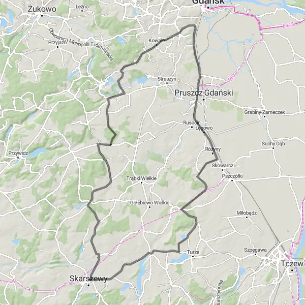 Map miniature of "The Kashubian Countryside Loop" cycling inspiration in Pomorskie, Poland. Generated by Tarmacs.app cycling route planner