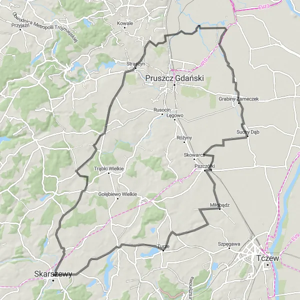 Map miniature of "Skarszewy and Surroundings" cycling inspiration in Pomorskie, Poland. Generated by Tarmacs.app cycling route planner