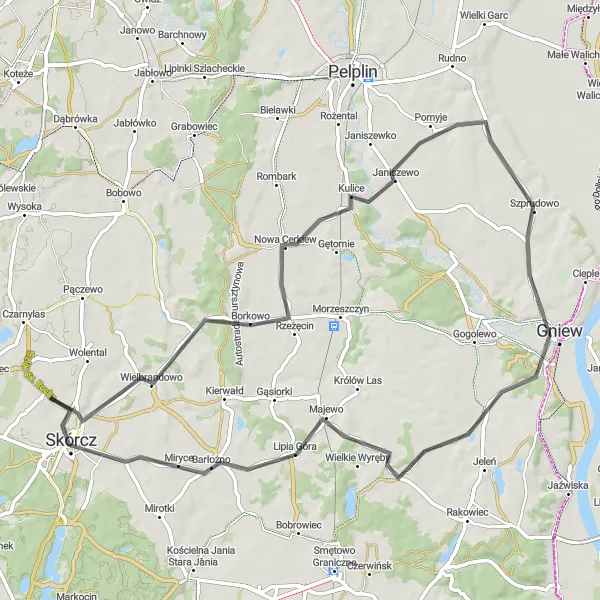 Map miniature of "Gniew and Beyond" cycling inspiration in Pomorskie, Poland. Generated by Tarmacs.app cycling route planner