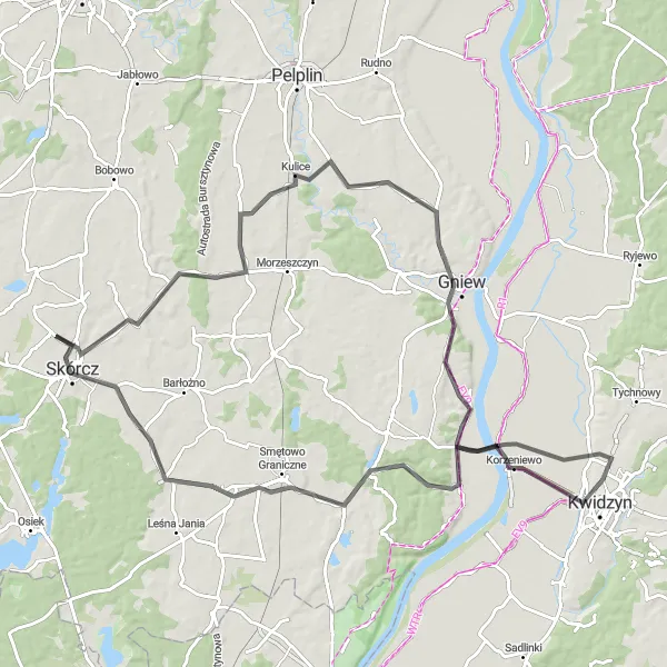 Map miniature of "Hills and Castles" cycling inspiration in Pomorskie, Poland. Generated by Tarmacs.app cycling route planner