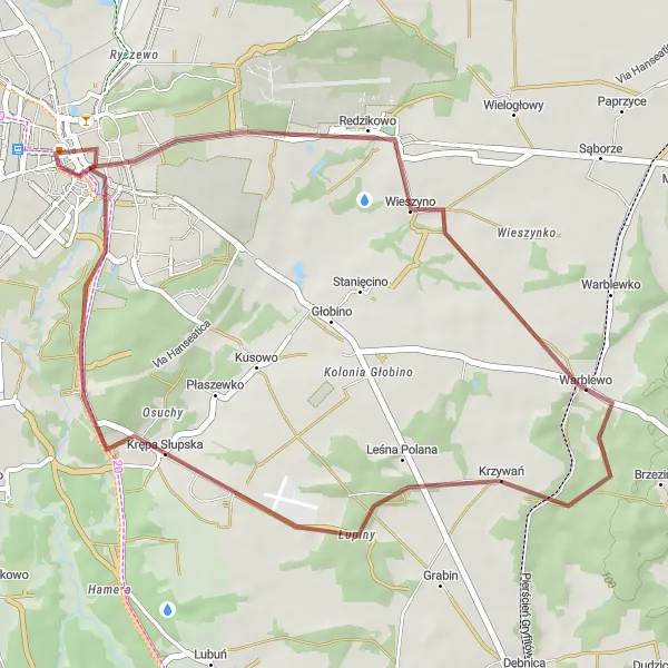 Map miniature of "Gravel Escape: Słupsk to Krzywań" cycling inspiration in Pomorskie, Poland. Generated by Tarmacs.app cycling route planner