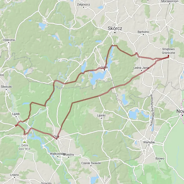 Map miniature of "Exploring the Wilderness around Smętowo Graniczne" cycling inspiration in Pomorskie, Poland. Generated by Tarmacs.app cycling route planner