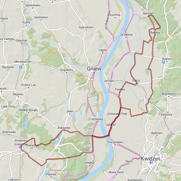 Map miniature of "Gravel Adventure around Smętowo Graniczne" cycling inspiration in Pomorskie, Poland. Generated by Tarmacs.app cycling route planner