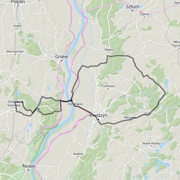 Map miniature of "The Lakes of Smętowo Graniczne" cycling inspiration in Pomorskie, Poland. Generated by Tarmacs.app cycling route planner