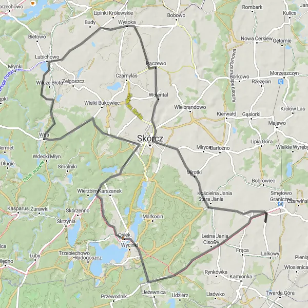 Map miniature of "Scenic Road Cycling Route near Smętowo Graniczne" cycling inspiration in Pomorskie, Poland. Generated by Tarmacs.app cycling route planner