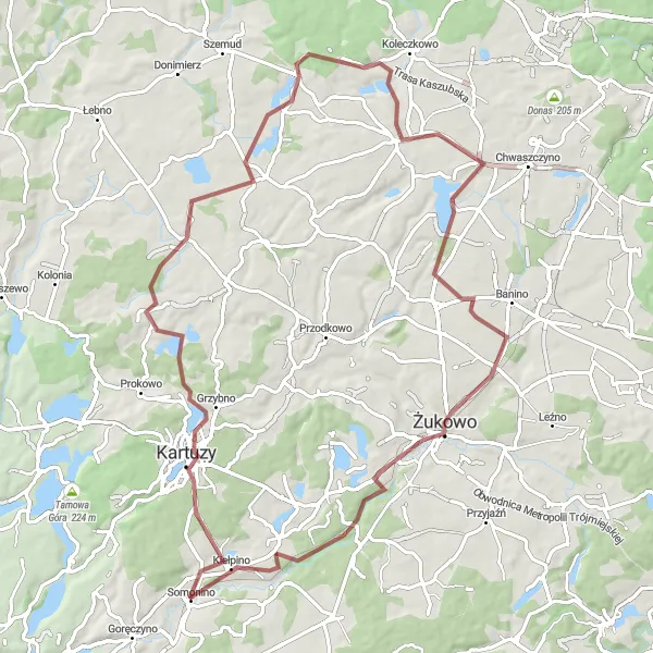 Map miniature of "Somonino Gravel Escape" cycling inspiration in Pomorskie, Poland. Generated by Tarmacs.app cycling route planner