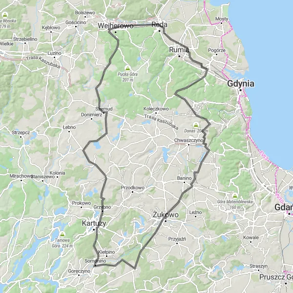 Map miniature of "Road Cycling Tour: Kartuzy Circuit" cycling inspiration in Pomorskie, Poland. Generated by Tarmacs.app cycling route planner