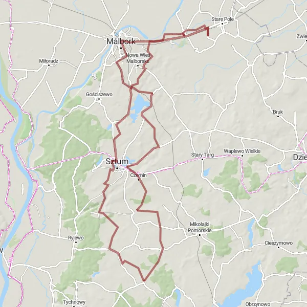 Map miniature of "Discovering Pomorskie's Gravel Trails" cycling inspiration in Pomorskie, Poland. Generated by Tarmacs.app cycling route planner