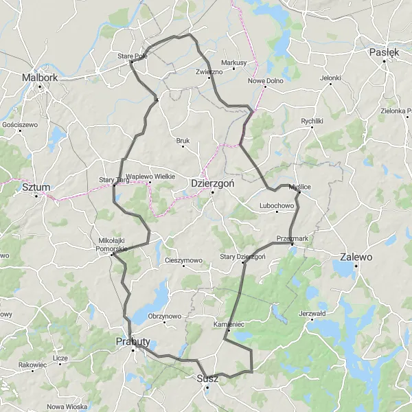 Map miniature of "Pomorskie Road Adventure" cycling inspiration in Pomorskie, Poland. Generated by Tarmacs.app cycling route planner