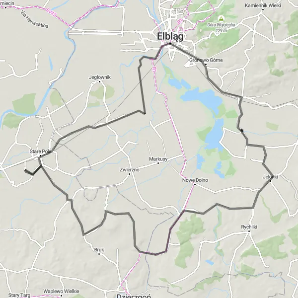 Map miniature of "The Road to Żuławka" cycling inspiration in Pomorskie, Poland. Generated by Tarmacs.app cycling route planner