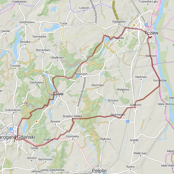 Map miniature of "Subkowy Gravel Tour" cycling inspiration in Pomorskie, Poland. Generated by Tarmacs.app cycling route planner