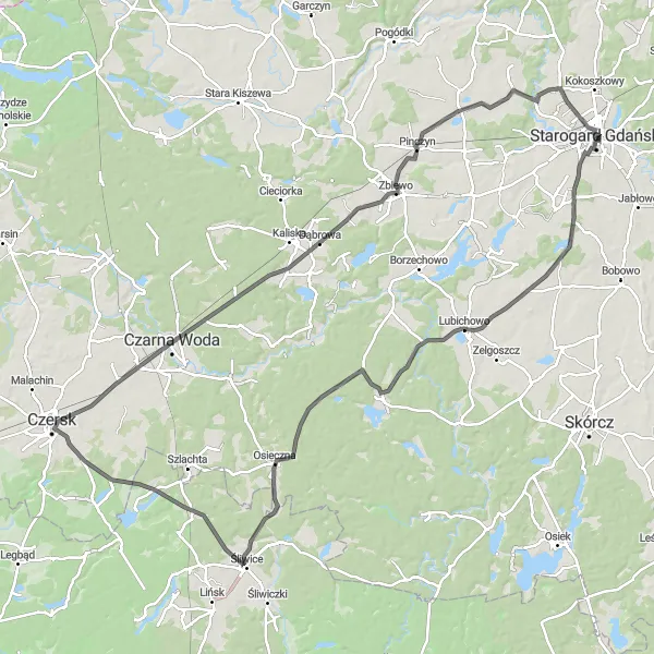 Map miniature of "Czersk Loop" cycling inspiration in Pomorskie, Poland. Generated by Tarmacs.app cycling route planner