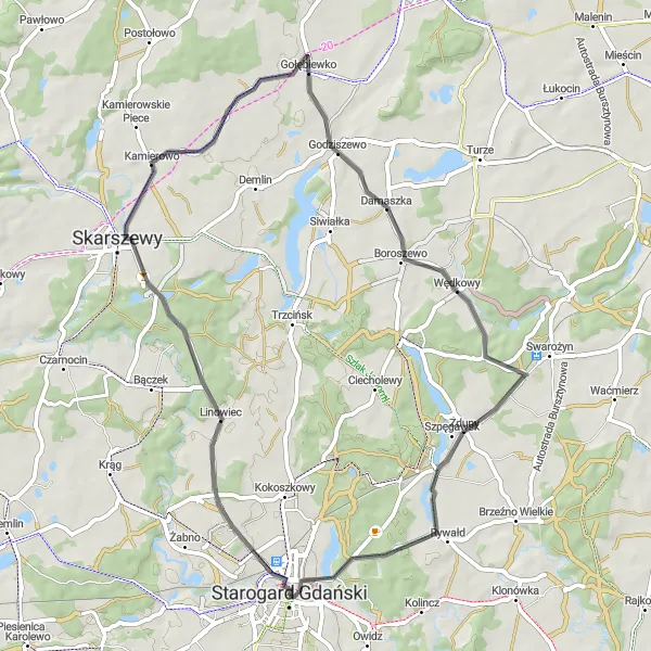 Map miniature of "Skarszewy Loop" cycling inspiration in Pomorskie, Poland. Generated by Tarmacs.app cycling route planner