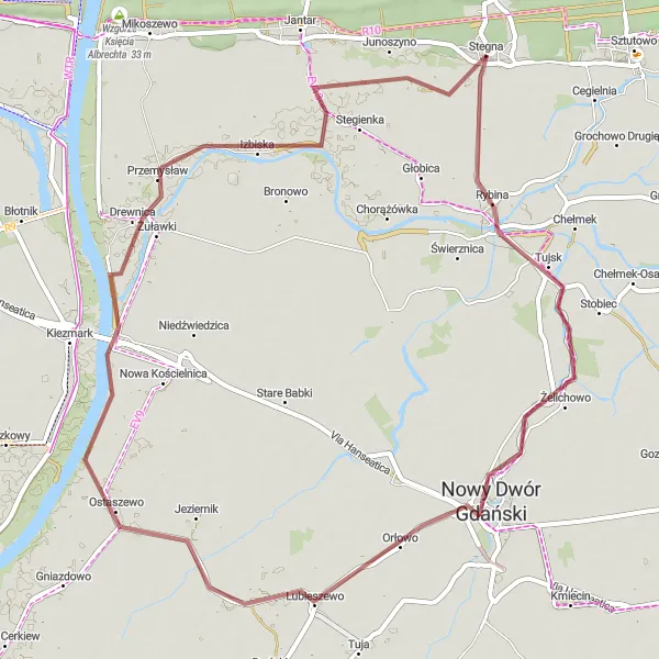 Miniatura mapy "Trasa przez Ostaszewo i Drewnicę" - trasy rowerowej w Pomorskie, Poland. Wygenerowane przez planer tras rowerowych Tarmacs.app