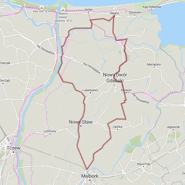 Map miniature of "Stegna and Surrounding Gravel Adventure" cycling inspiration in Pomorskie, Poland. Generated by Tarmacs.app cycling route planner