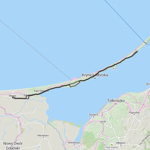 Map miniature of "Krynica Morska Loop" cycling inspiration in Pomorskie, Poland. Generated by Tarmacs.app cycling route planner