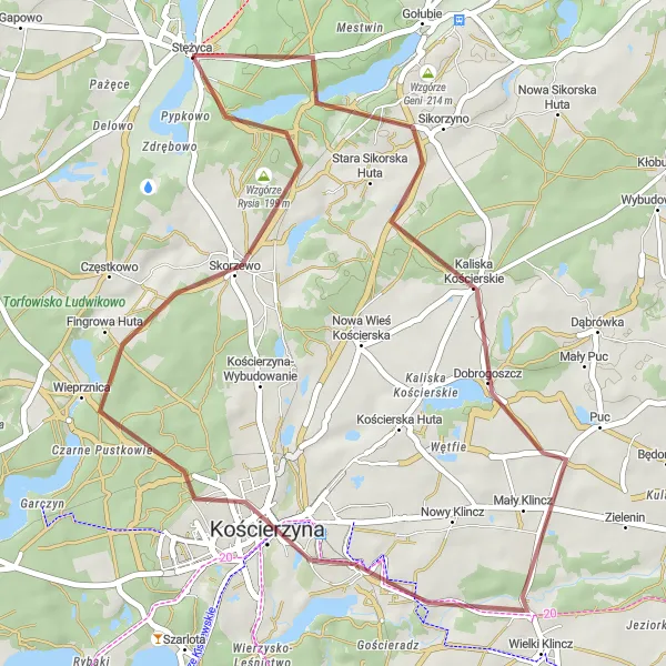 Miniatura mapy "Trasa gravelowa: Kaliska Kościerskie - Kościerzyna - Skorzewo - Wzgórze Rysia" - trasy rowerowej w Pomorskie, Poland. Wygenerowane przez planer tras rowerowych Tarmacs.app