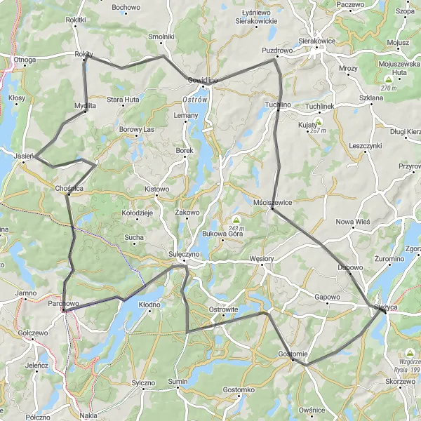 Map miniature of "Scenic Road Loop to Tuchlino" cycling inspiration in Pomorskie, Poland. Generated by Tarmacs.app cycling route planner