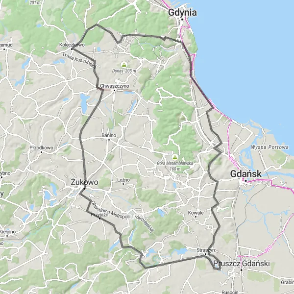 Map miniature of "The Hills of Sopot and Żukowo" cycling inspiration in Pomorskie, Poland. Generated by Tarmacs.app cycling route planner