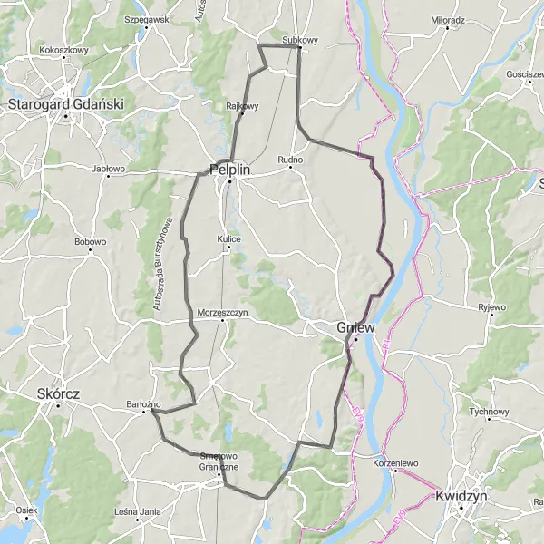 Map miniature of "Historical Road Adventure" cycling inspiration in Pomorskie, Poland. Generated by Tarmacs.app cycling route planner