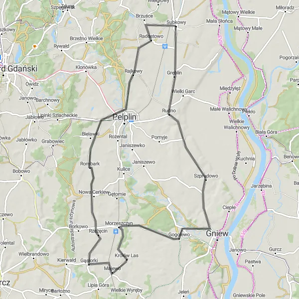 Map miniature of "Rudno to Brzuśce Road Route" cycling inspiration in Pomorskie, Poland. Generated by Tarmacs.app cycling route planner