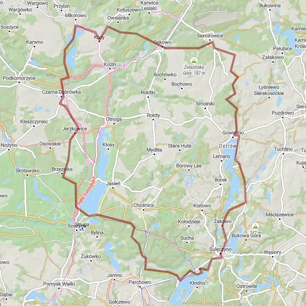 Map miniature of "Gravel Adventure in Sulęczyno" cycling inspiration in Pomorskie, Poland. Generated by Tarmacs.app cycling route planner