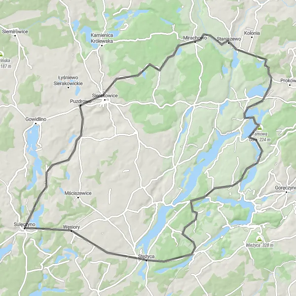 Map miniature of "The Sierakowice Loop" cycling inspiration in Pomorskie, Poland. Generated by Tarmacs.app cycling route planner