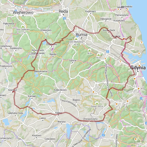 Map miniature of "Szemud - Pucka Góra - Dębogórze-Wybudowanie - Witomino - Krzyżowa Góra - Łękno Round Trip" cycling inspiration in Pomorskie, Poland. Generated by Tarmacs.app cycling route planner