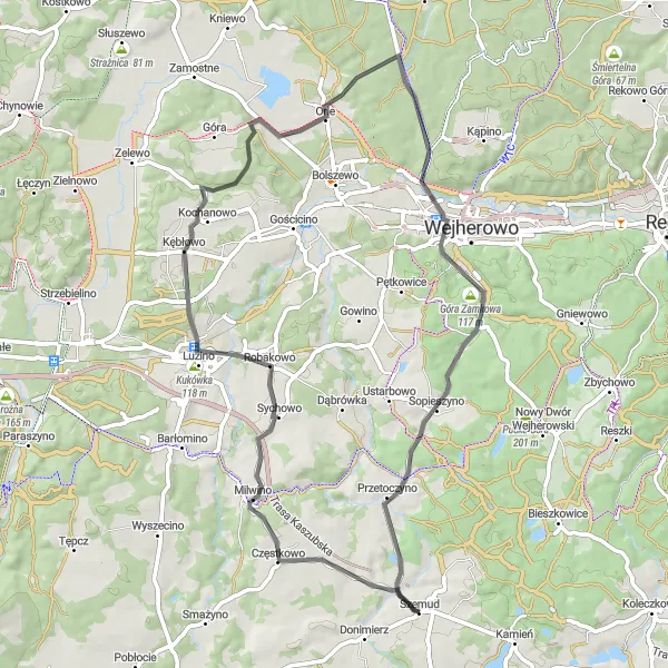 Map miniature of "Szemud - Robakowo - Kębłowo - Orle - Wzgórze Wolności - Przetoczyno Round Trip" cycling inspiration in Pomorskie, Poland. Generated by Tarmacs.app cycling route planner