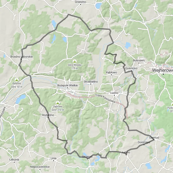 Map miniature of "Szemud - Lewinko - Grzmiąca Góra - Godętowo - Rybska Karczma - Gościcińska Góra - Mercerstwo Round Trip" cycling inspiration in Pomorskie, Poland. Generated by Tarmacs.app cycling route planner