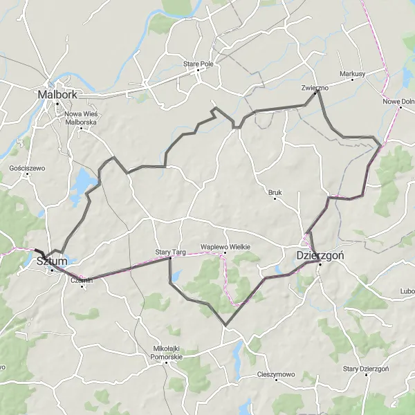 Map miniature of "Sztum to Krasna Łąka Road Cycling" cycling inspiration in Pomorskie, Poland. Generated by Tarmacs.app cycling route planner