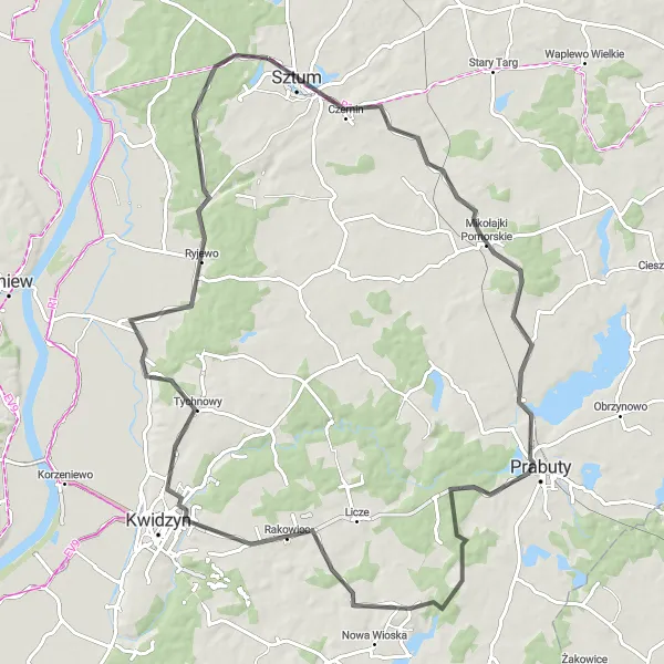 Map miniature of "Scenic Road Tour from Sztum" cycling inspiration in Pomorskie, Poland. Generated by Tarmacs.app cycling route planner