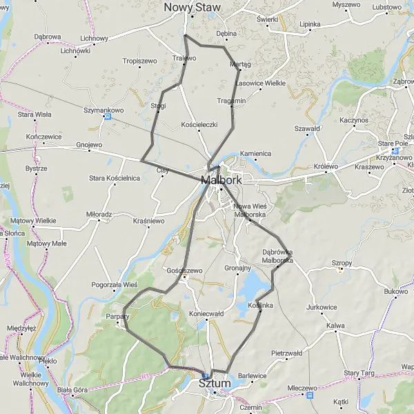 Map miniature of "Countryside Delights" cycling inspiration in Pomorskie, Poland. Generated by Tarmacs.app cycling route planner