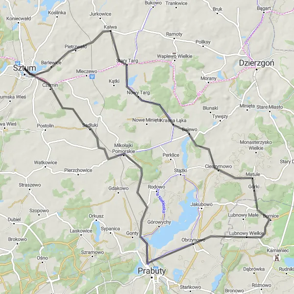 Map miniature of "Countryside Road Cycling from Sztum" cycling inspiration in Pomorskie, Poland. Generated by Tarmacs.app cycling route planner