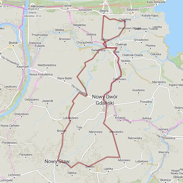 Map miniature of "Venture into the Gravel Roads of Sztutowo and its Surroundings" cycling inspiration in Pomorskie, Poland. Generated by Tarmacs.app cycling route planner