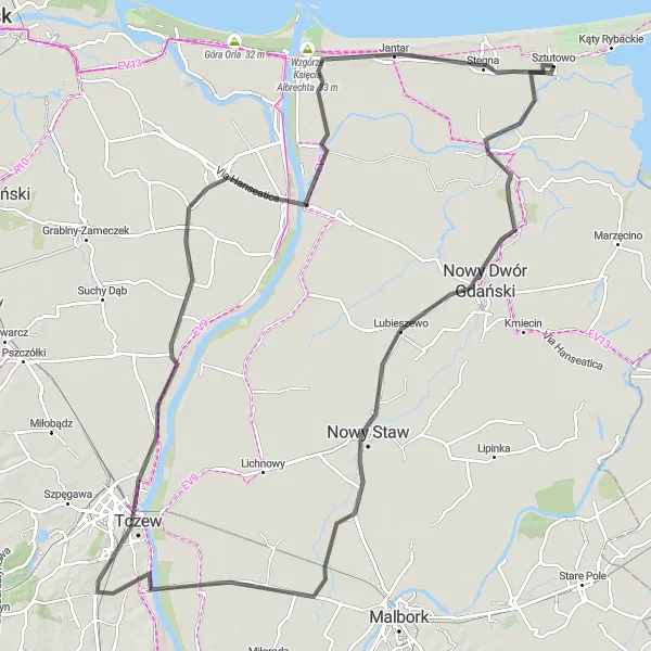Miniatura mapy "Trasa do Nowego Dworu Gdańskiego" - trasy rowerowej w Pomorskie, Poland. Wygenerowane przez planer tras rowerowych Tarmacs.app