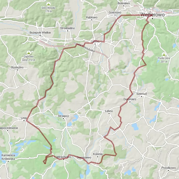 Map miniature of "Mountainous Gravel Challenge near Wejherowo" cycling inspiration in Pomorskie, Poland. Generated by Tarmacs.app cycling route planner